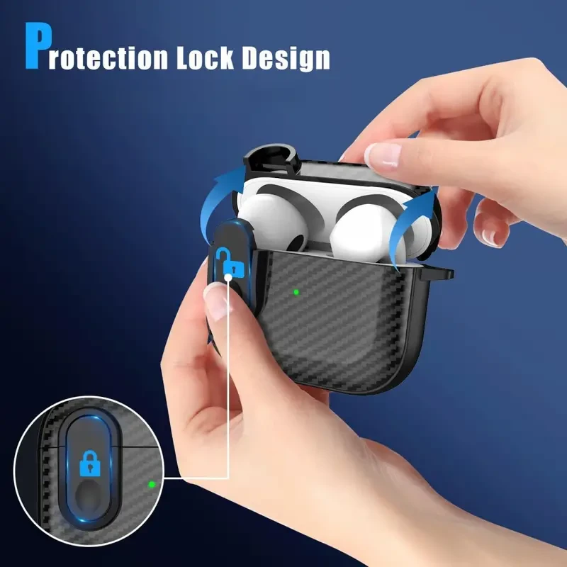 1pc Black Carbon Fiber Hard Case for AirPods Pro/1/2/3, TPU Protective Cover with Lock, Waterproof, Scratch-Resistant, Lightweight Design, Includes Cleaning Kit and Lanyard