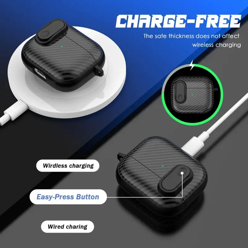 1pc Black Carbon Fiber Hard Case for AirPods Pro/1/2/3, TPU Protective Cover with Lock, Waterproof, Scratch-Resistant, Lightweight Design, Includes Cleaning Kit and Lanyard