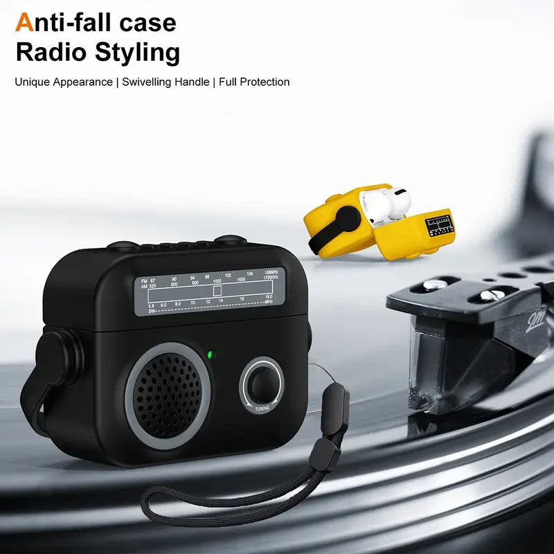 Creative Retro Radio Design Case for Apple for Airpods 4 3 Pro 2 Pro2 Secure Lock Anti-fall Protective Case for Airpods 1 2 Stand Holder Bracket Shock-Absorbing Case with Lanyard, Cleaning Kit, Ideal Gift for Couples