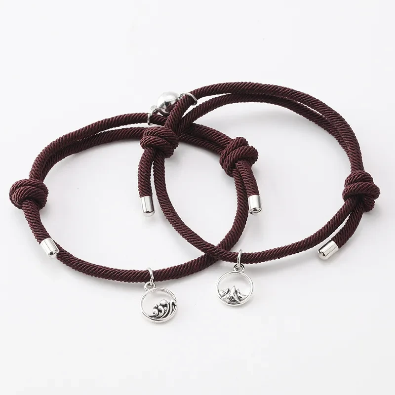 Mountain and Wave Charm Friendship Bracelets - Adjustable Rope Set