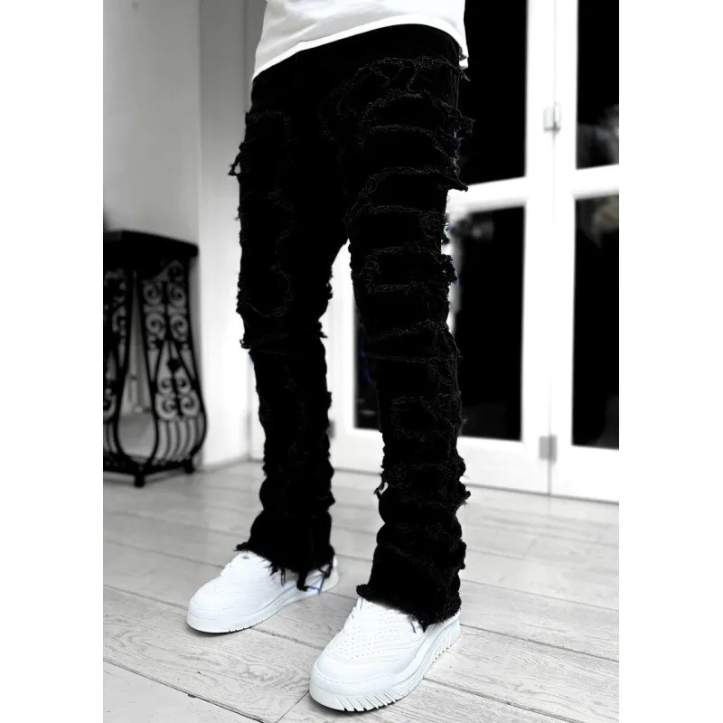 Men Trousers Individual Patched Pants Long Tight Fit Stacked Jeans