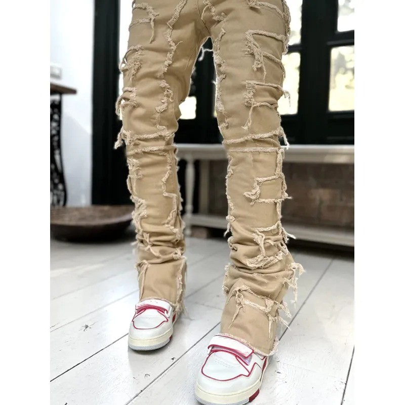 Men Trousers Individual Patched Pants Long Tight Fit Stacked Jeans
