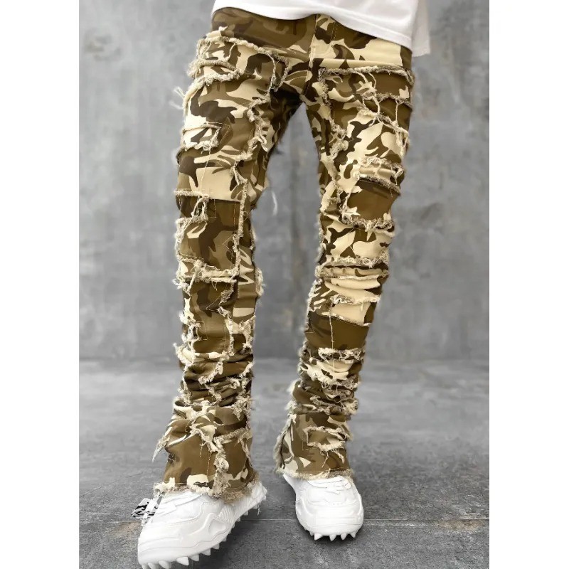 Men Trousers Individual Patched Pants Long Tight Fit Stacked Jeans