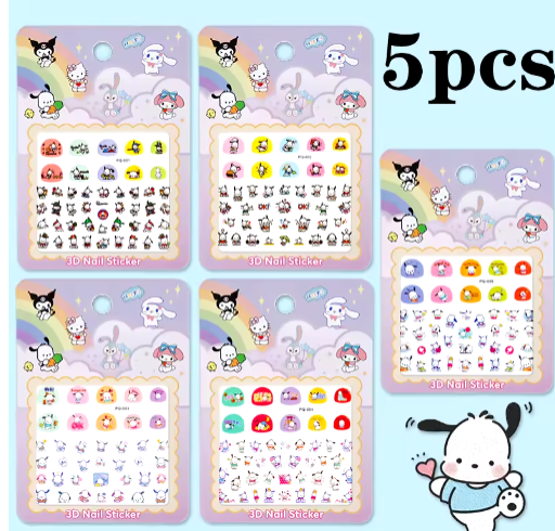 5pcs/set Cartoon Hello Kitty 3D Nail Stickers Press on Nails Sanrio Melody Kuromi Decoration Fun Anime Nail Art Decals