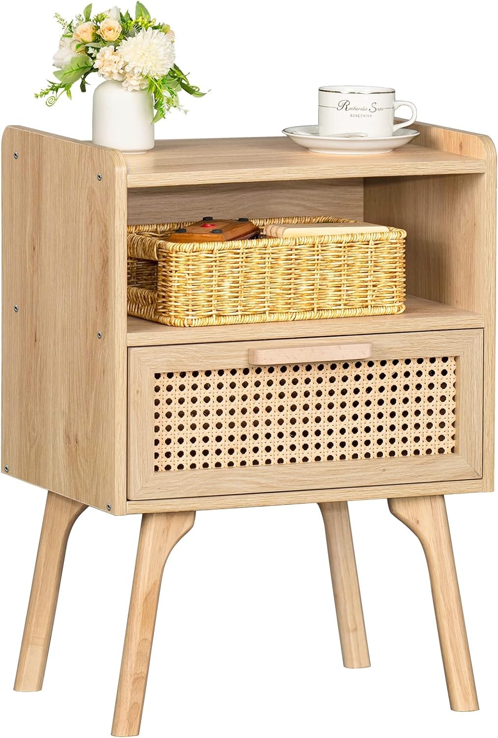 Rattan Nightstands Set of 2 - Cane Accent Bedside End Table with Solid Wood Legs for Bedroom, Dorm, and Small Spaces
