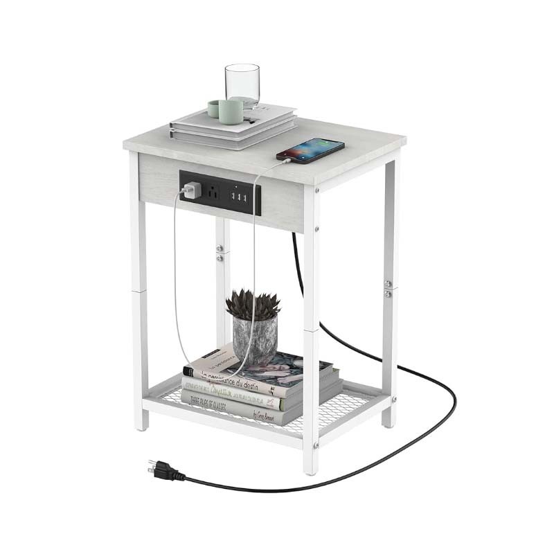 Modern Nightstand with Charging Station - Bedroom End Side Table with USB Ports and Outlets, 2-Tier Bedside Table, Record Player Stand