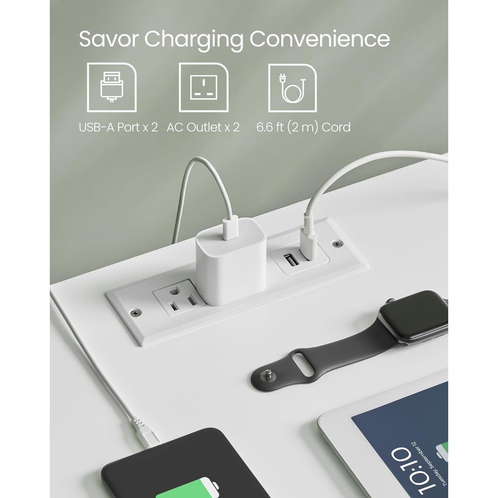 Nightstand with Charging Station - Bedside Table with 2 Drawers, Side End Table with Open Shelf, 2 USB-A Ports, and 2 Outlets