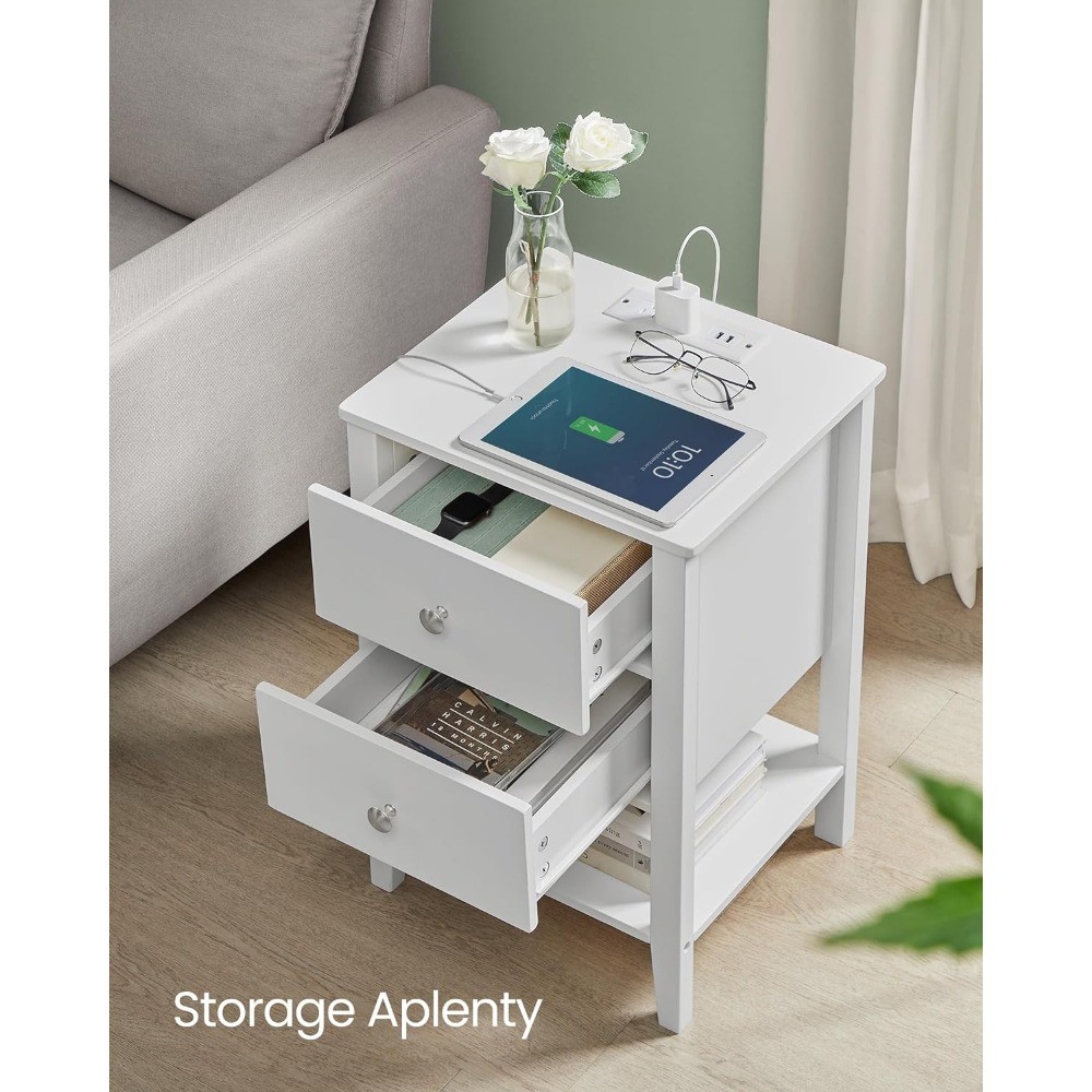 Nightstand with Charging Station - Bedside Table with 2 Drawers, Side End Table with Open Shelf, 2 USB-A Ports, and 2 Outlets
