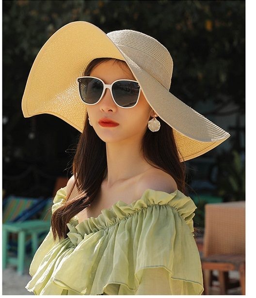 Beige- Women Lady Sun Straw Hat Wide Large Brim Floppy Derby Summer Beach Cap