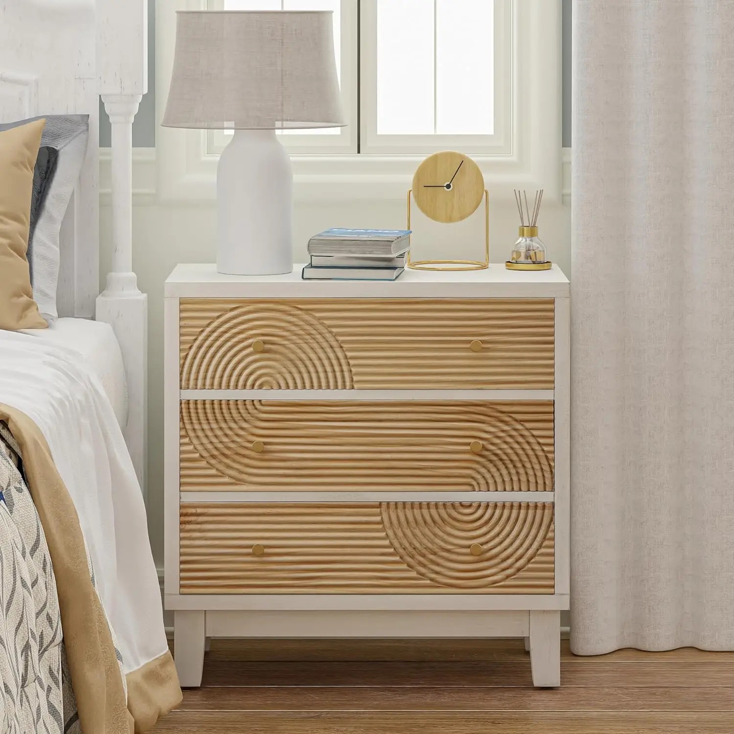 Farmhouse Dresser with Handicraft Wood Ring Motif - Fully Assembled Nightstand with Wooden Finish for Boho, Mid-Century, Natural Wood