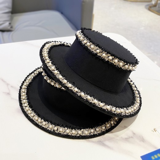 Woolen Hat Women's Flat Pearl Top Hat Bucket Hat