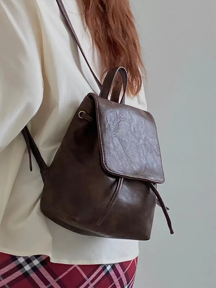 Retro Brown Backpack Women's Simple Literary Shoulder Bag