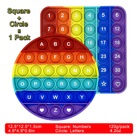 2pcs/pack Numbers Letters Alphabet Math Learning Pop Fidget Toys Silicone Rainbow Square Circle Educational Toys for Kids