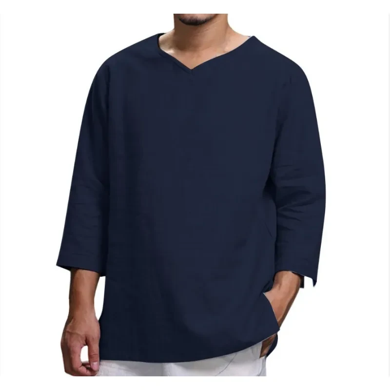 Loose Casual V-neck Top Cotton And Linen Long Sleeve Pullover Shirt Mens Clothing