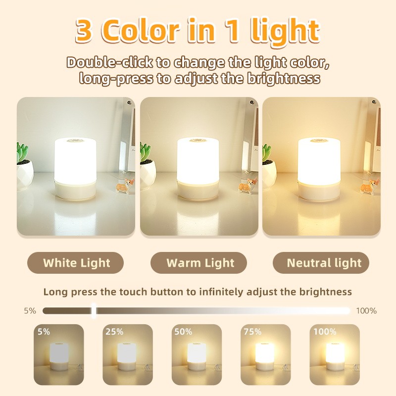 USB LED Night Lamp - Rechargeable Table Lamp with Switch, Three Colors Lights, Touch Night Light for Kitchen, Hallway, Closet, Bedroom, Home