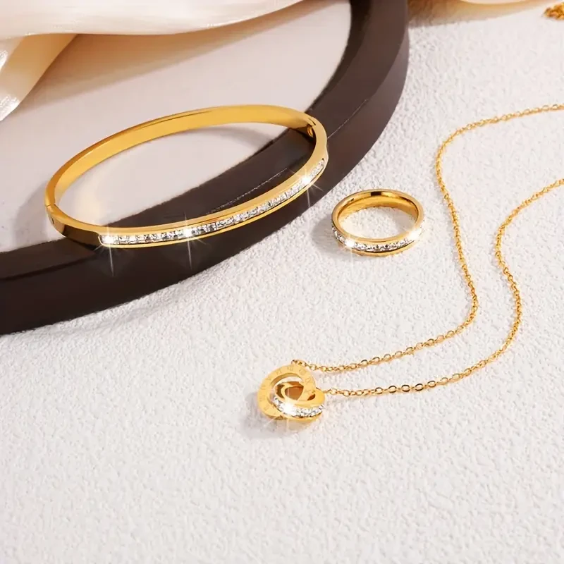 Stainless Steel Single Row Rhinestone Necklace Bracelet Ring Set