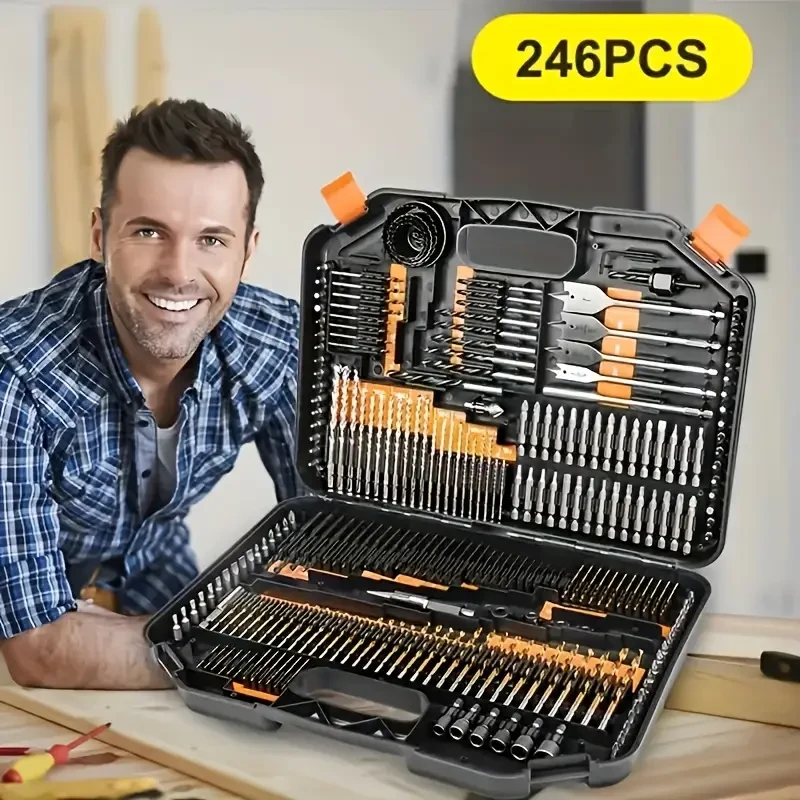 246pcs Titanium Coated HSS Drill Bit Set with Durable Storage Case - Perfect for Wood & Metal, Includes Screwdrivers & Hex Sockets, Uncoated for Precision Drilling & Polishing