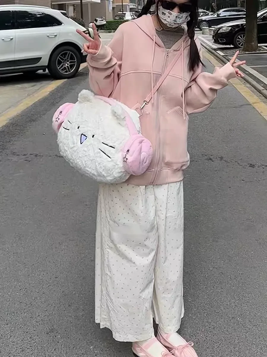 Cute Earphone Cat Backpack Plush Student Travel All-matching