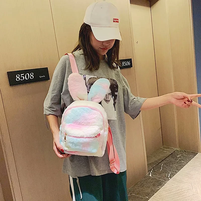New Style Plush Bunny Ears Backpack Female