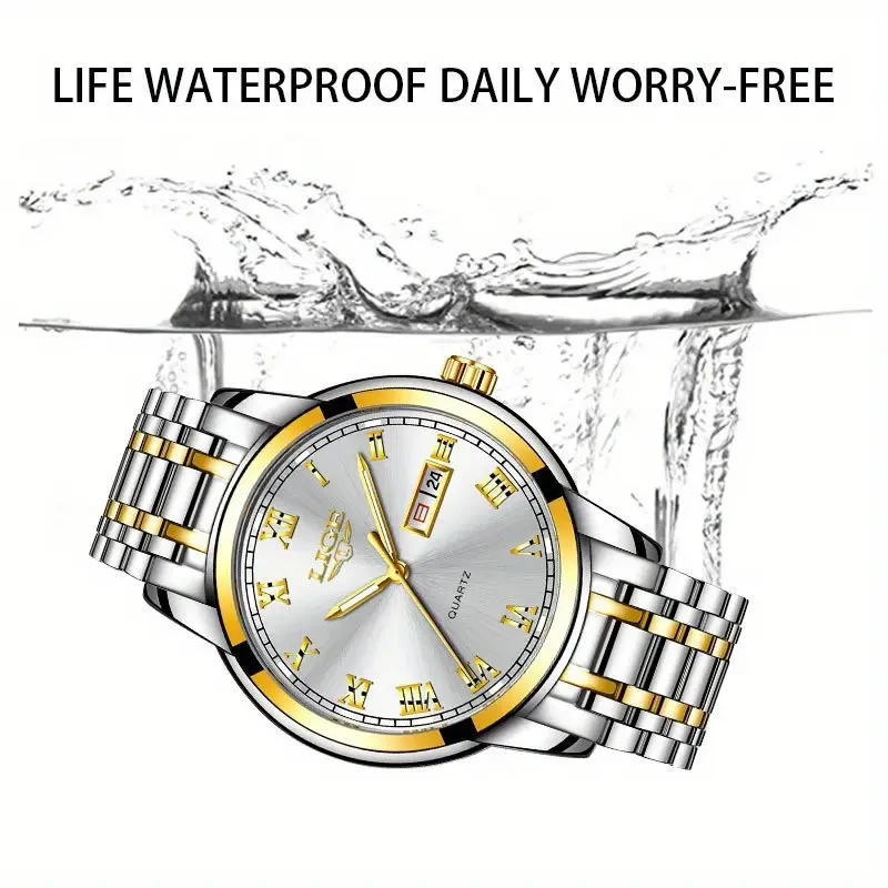 LIGE Luxury Brand Stainless Steel Gold Watch Women