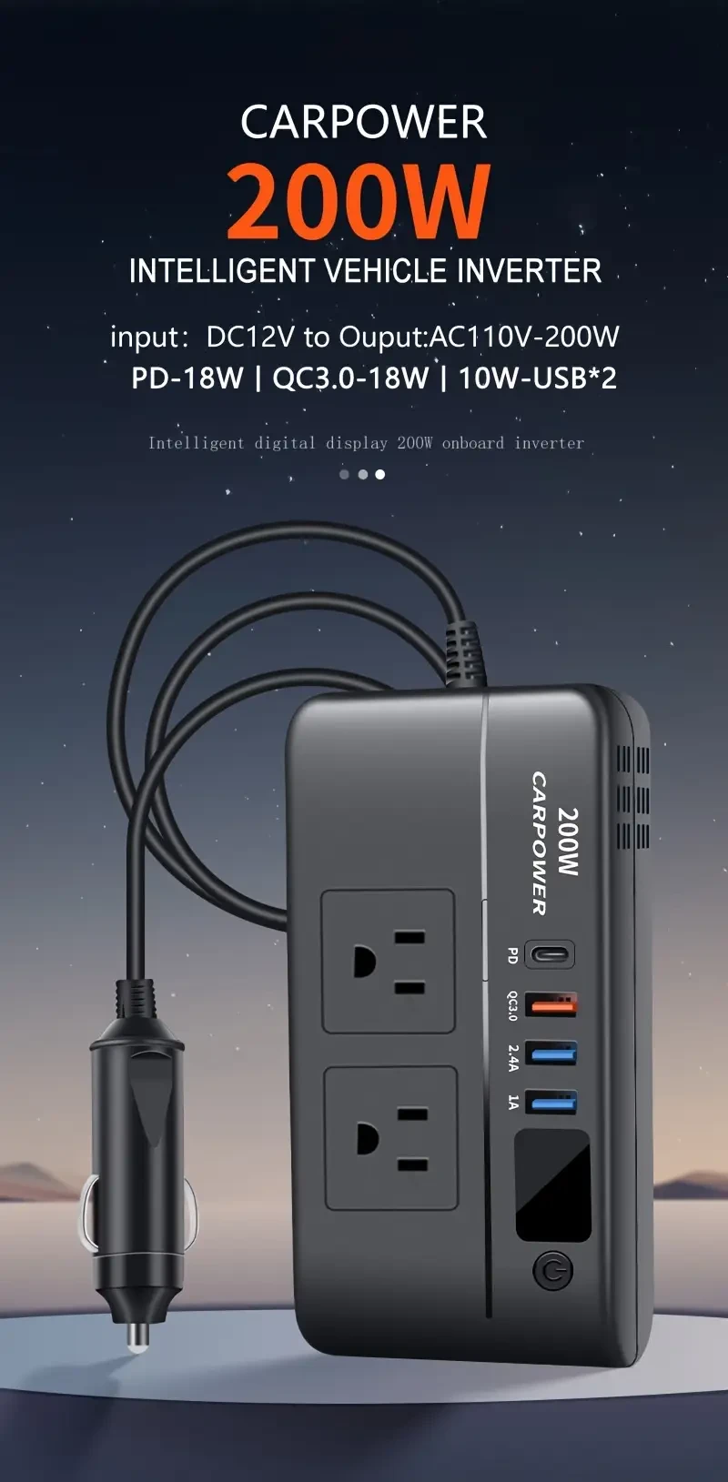 200W Car Power Inverter, DC 12V To 110V AC Car Inverter, 3 USB 1 Type-C Ports Charger Adapter Car Plug Converter With Switch And Current LED Screen, Suitable For Car, SUV & Truck (black)