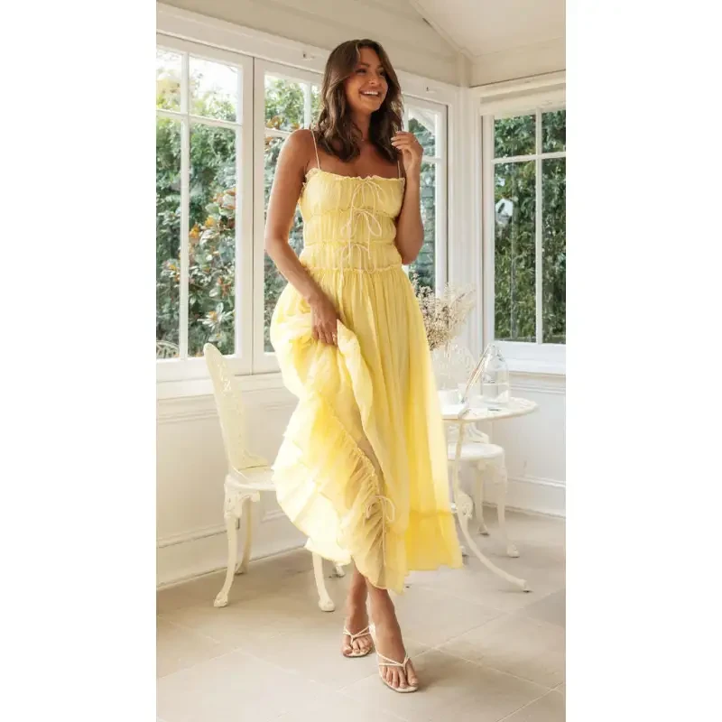 Summer Spaghetti Strap Bow Pleat Dress