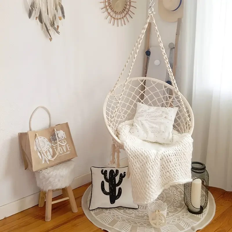 Luxurious Nordic-Style Macrame Hammock Chair - Handmade Rope with Steel Frame, Perfect for Indoor & Outdoor Comfort