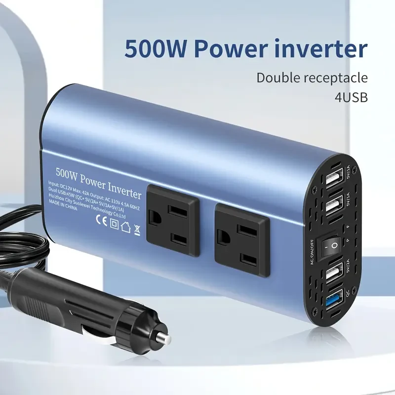 Car Power Inverter Converter-500W Peak, DC 12V to AC 110V, LCD Display, Dual AC Sockets, 4 USB Car Chargers, Suitable for Cars, Homes, Laptops, Trucks, US Standard Sockets