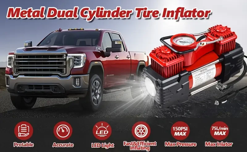 MESHUBA Twin Cylinder Air Compressor 12V Portable Heavy Duty Tire Inflator with Accurate Gauge Emergency Light Car Pump for Vehicle, Bicycle and Other