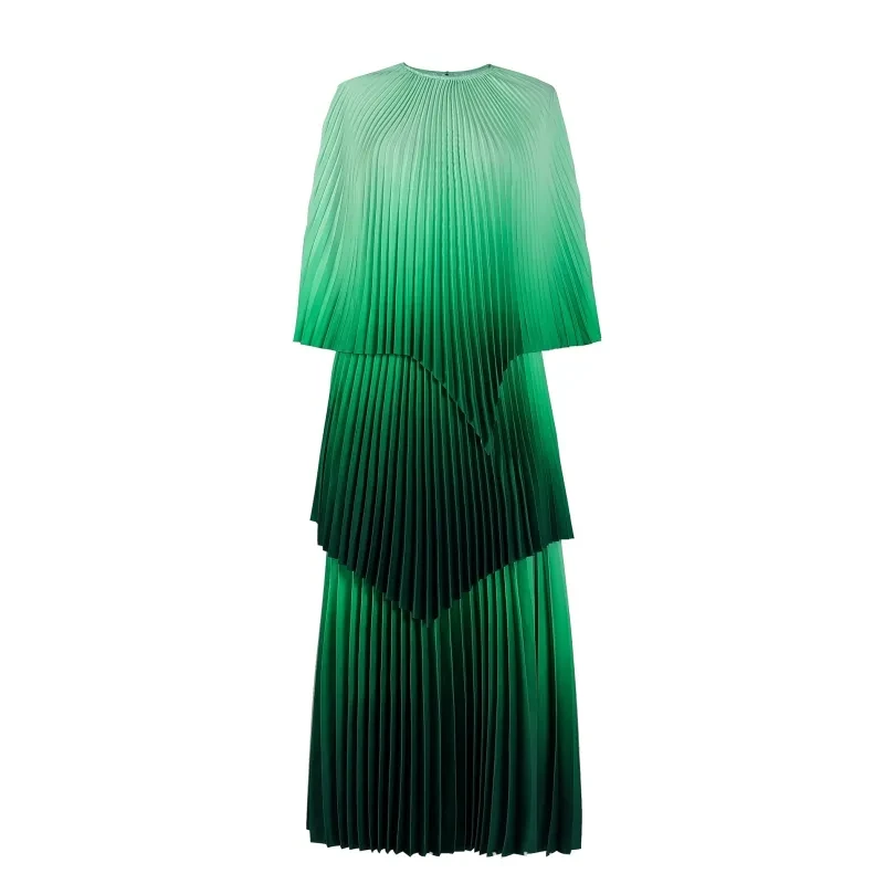 Gradient Color Temperament Printed Cape Top Pleated Loose