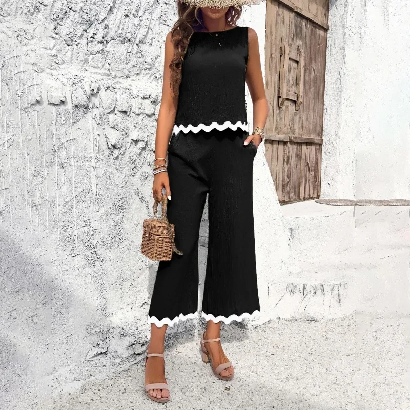 Summer Wave Print Sleeveless Top and Trousers Set