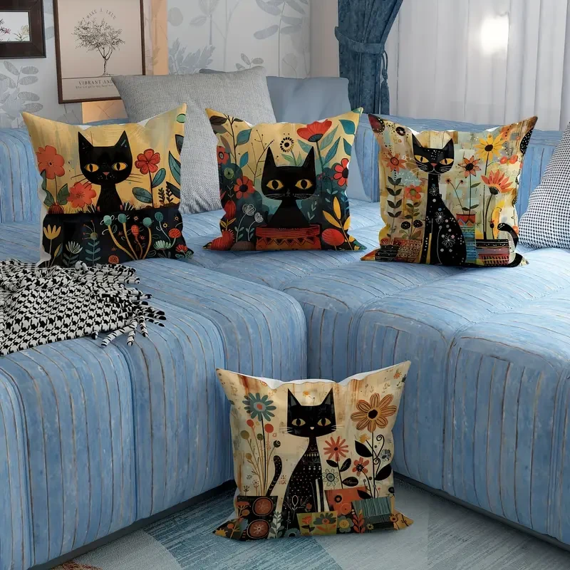 Set of 4 Vintage Black Cat & Floral Velvet Throw Pillow Covers