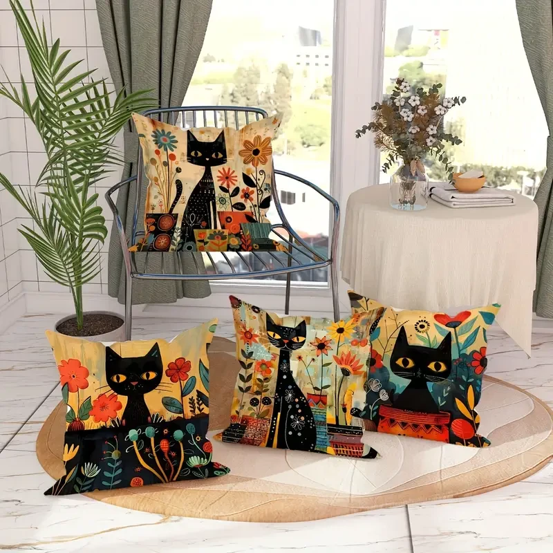 Set of 4 Vintage Black Cat & Floral Velvet Throw Pillow Covers