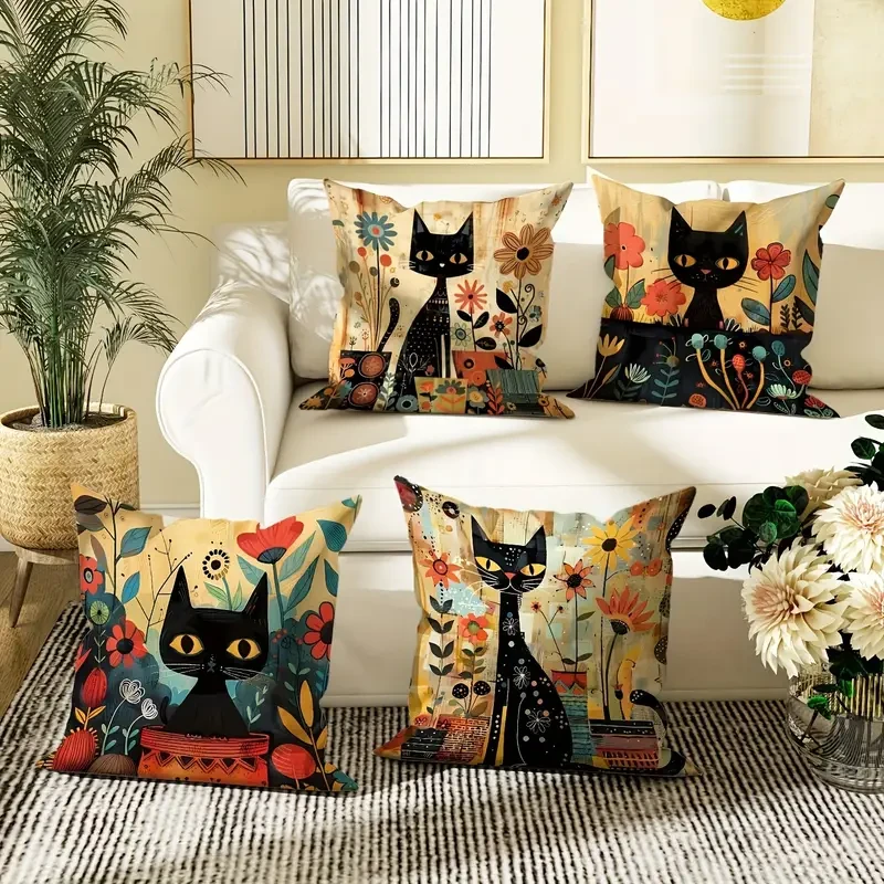 Set of 4 Vintage Black Cat & Floral Velvet Throw Pillow Covers
