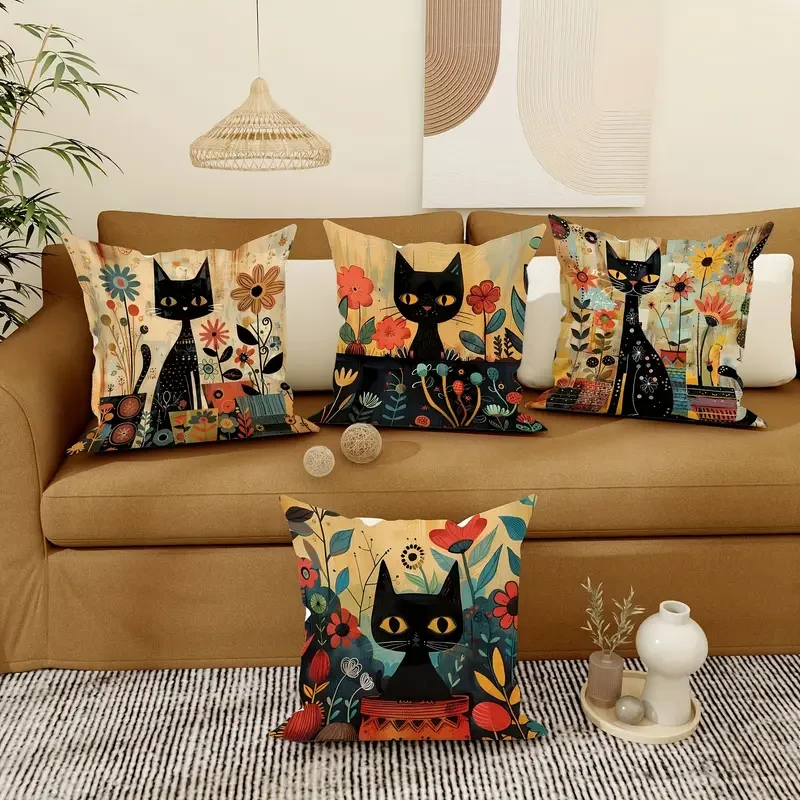 Set of 4 Vintage Black Cat & Floral Velvet Throw Pillow Covers