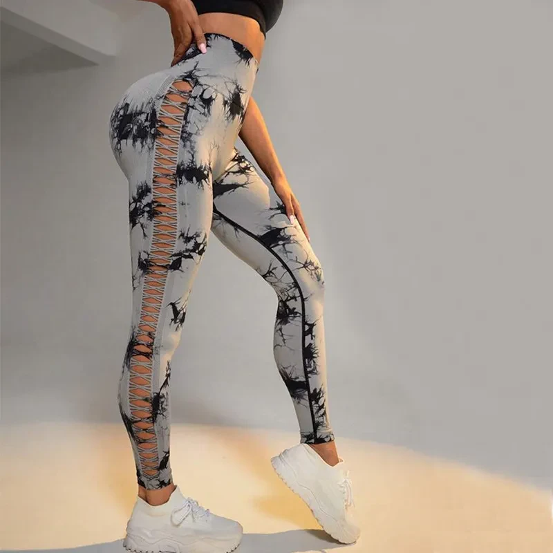 Hollow Tie Dye Printed Yoga Pant Slim Pants For Women
