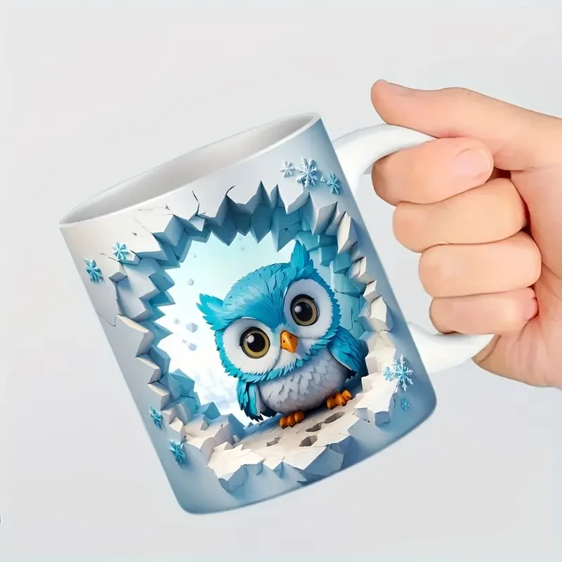 3D Owl Ceramic Coffee Mug, Tea Cup with Cute Broken Wall Pattern