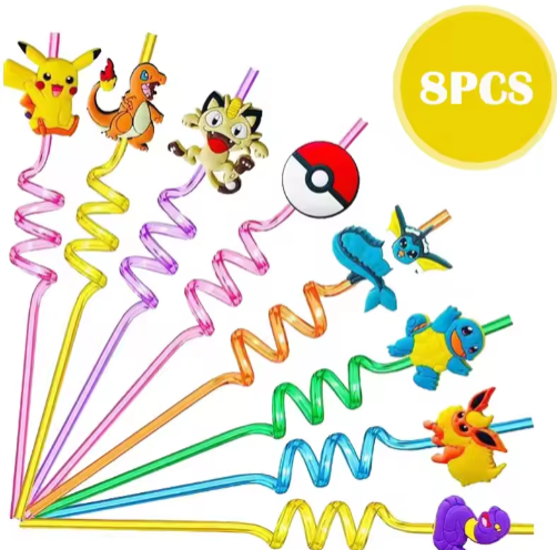 8pcs Pokemon Straws Cartoon Pikachu Theme Reusable Drinking Straws For Kids Birthday Decoration Party Supplies Baby Shower Toys