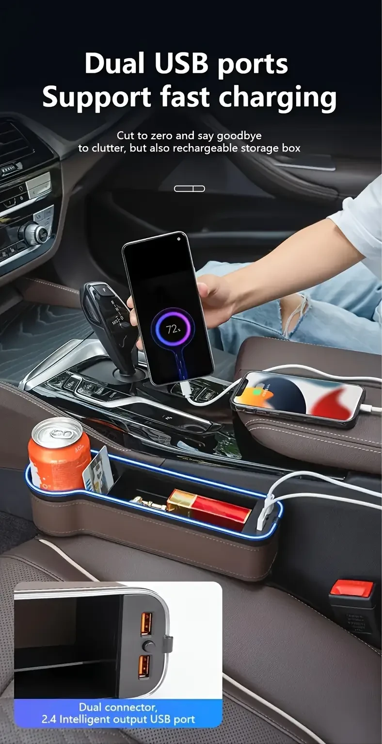 Universal Car Seat Gap Organizer with LED Ambient Lighting and Dual USB Charging Ports, Multi-Function Automotive Console Storage Box, PU Leather Vehicle Crevice Storage Case - Pack of 1