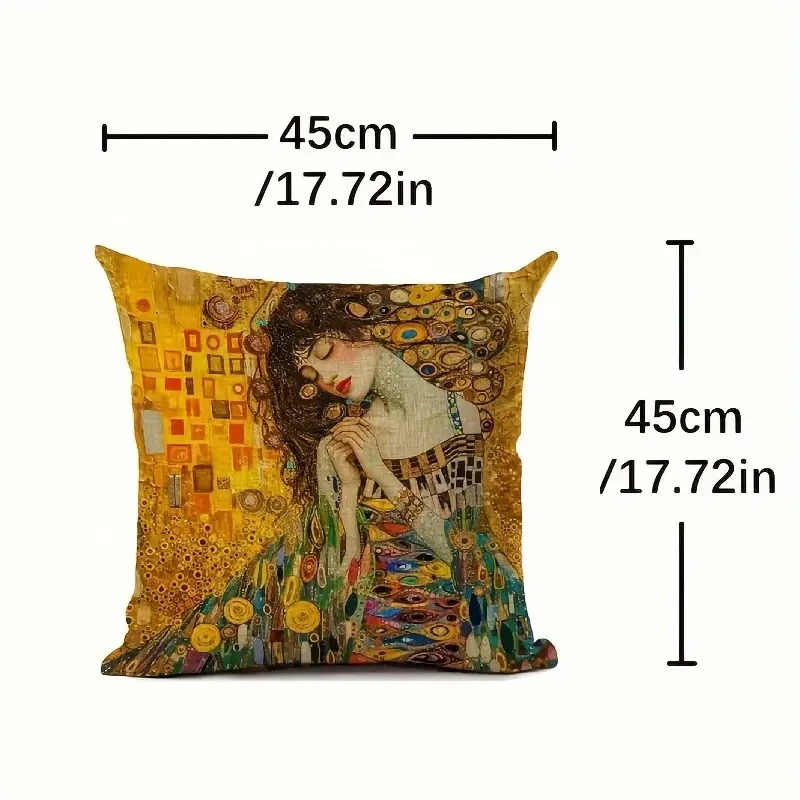 18x18 Inches Durable Linen Gustav Klimt Artistic Print Cushion Cover  Vintage Style with Beautiful Woman Design