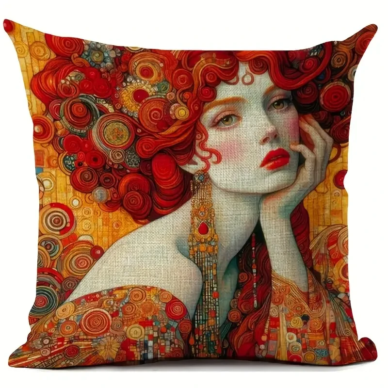 18x18 Inches Durable Linen Gustav Klimt Artistic Print Cushion Cover  Vintage Style with Beautiful Woman Design