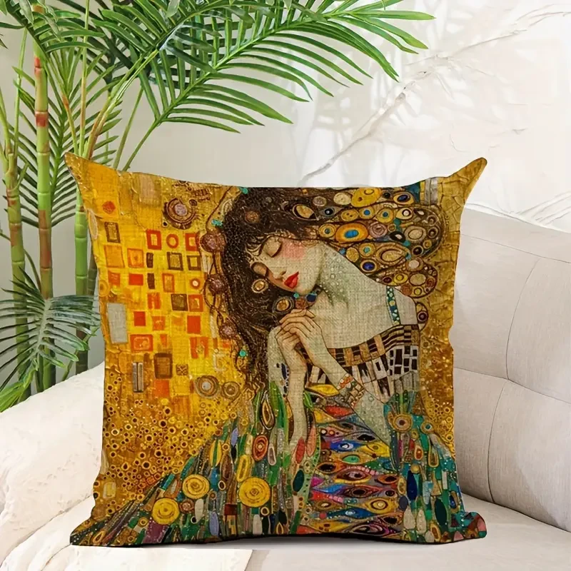 18x18 Inches Durable Linen Gustav Klimt Artistic Print Cushion Cover  Vintage Style with Beautiful Woman Design