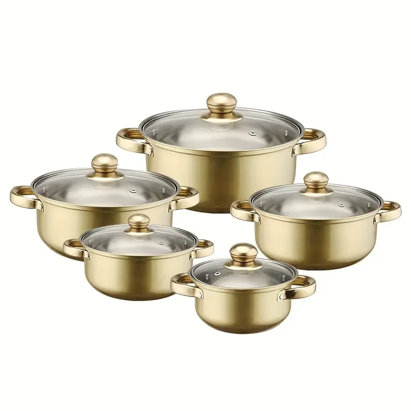 10pcs Colorful Stainless Steel Cookware Set with Anti-Scald Handles & Glass Lids - Perfect for Soups, Milk, Noodles & Porridge, SENBOWE
