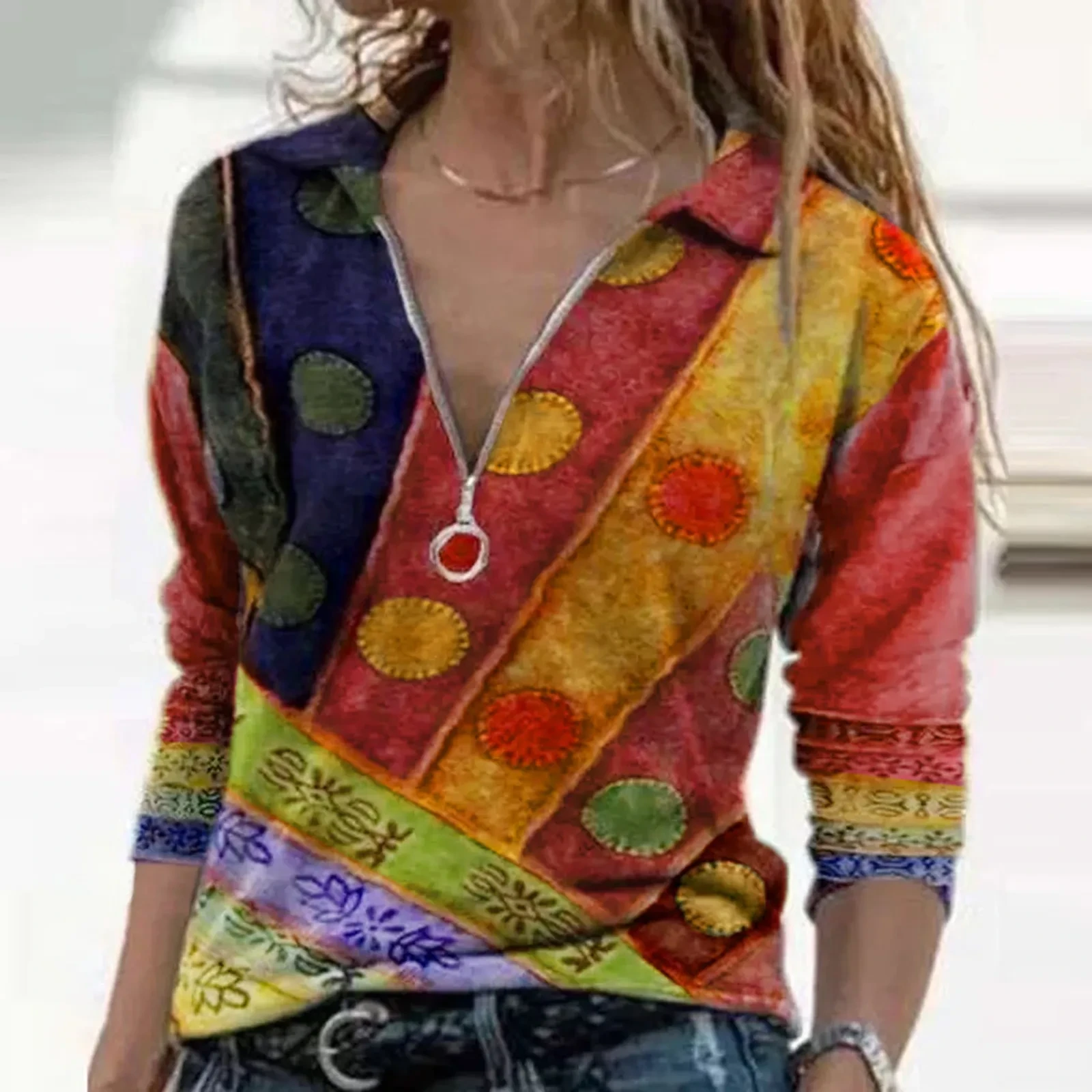 Burned Jacquard V-Neck Shirt With Zipper Print