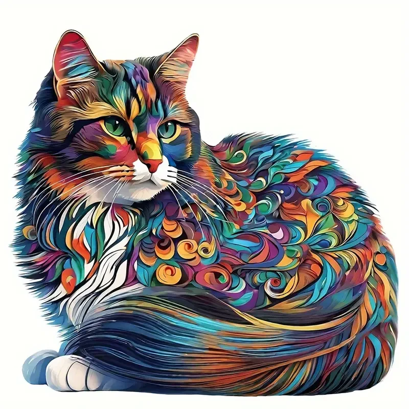 Colorful Cat Wooden Puzzle  Unique Shaped Jigsaw for Creative Minds