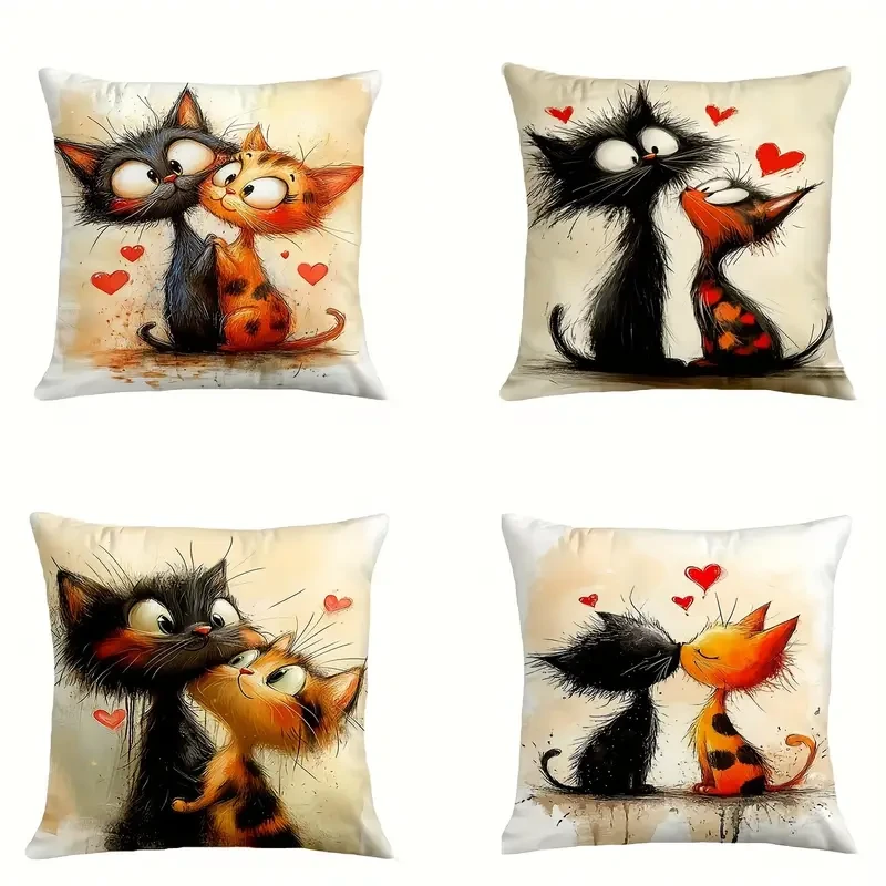 Hand-Drawn Cat Couple Design Throw Pillow Covers - Set of 4