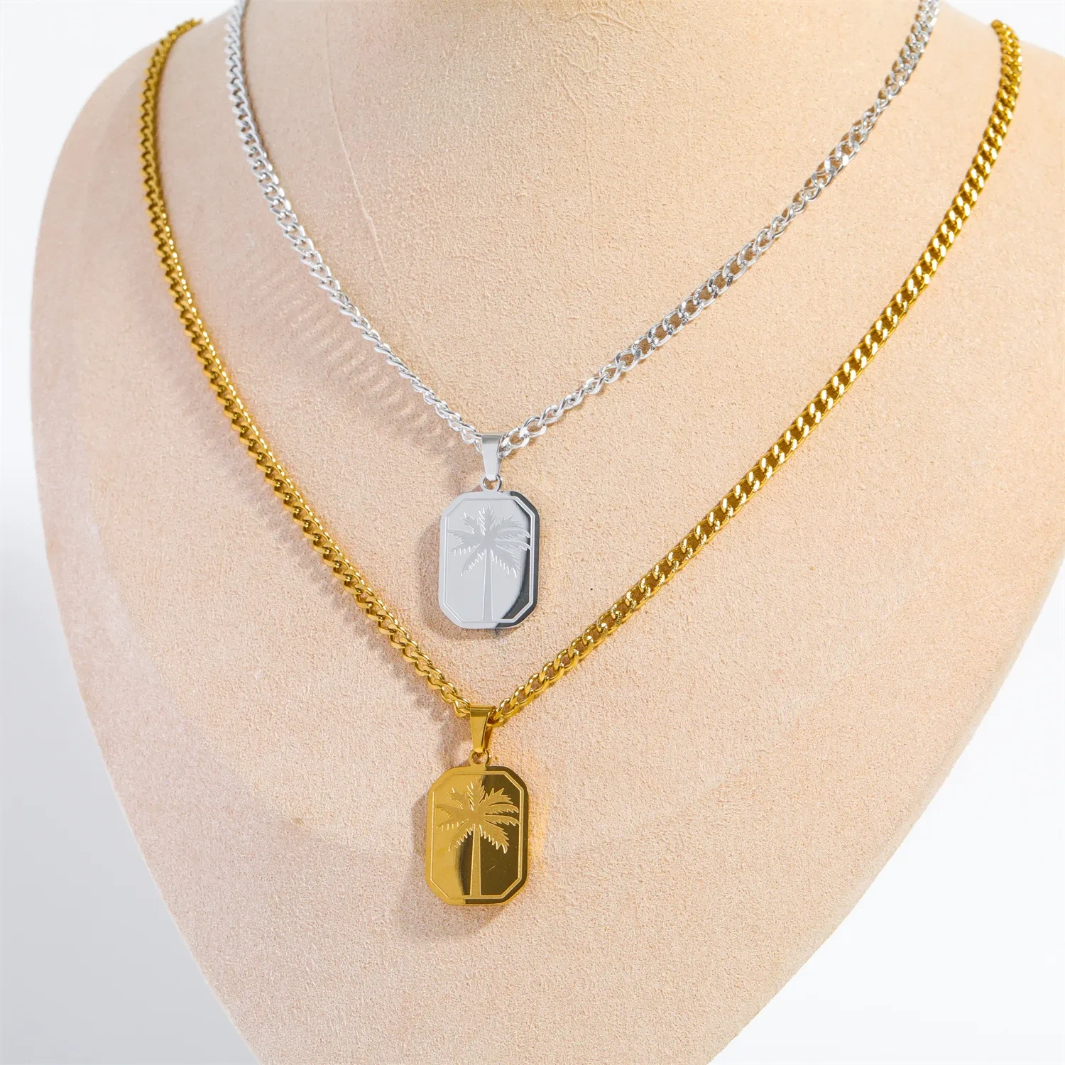Stainless Steel Palm Leaf Square Pendant Necklace Trendy Sweater Chain
