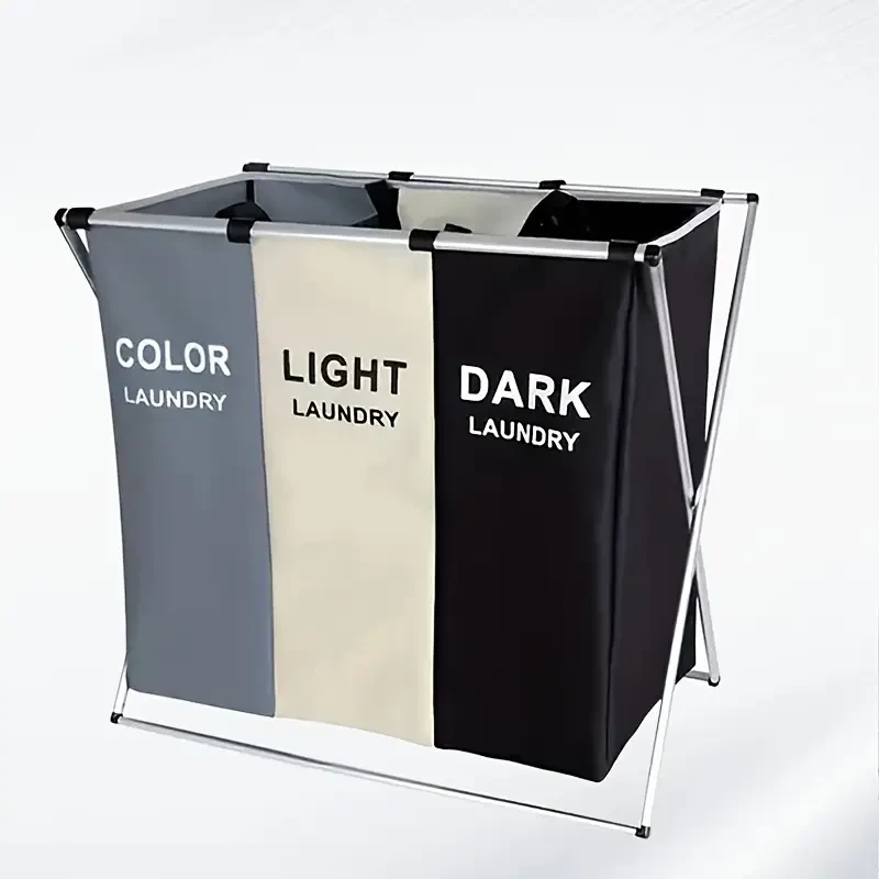Foldable Triple-Grid Laundry Basket in Grey - Durable Canvas with Dark