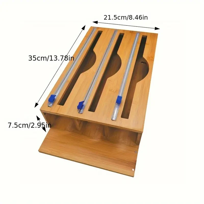 Streamlined Storage, Bamboo 3-in-1 Wrap Organizer with Cutter - Durable Kitchen Storage for Foil, Plastic Wrap & Wax Paper