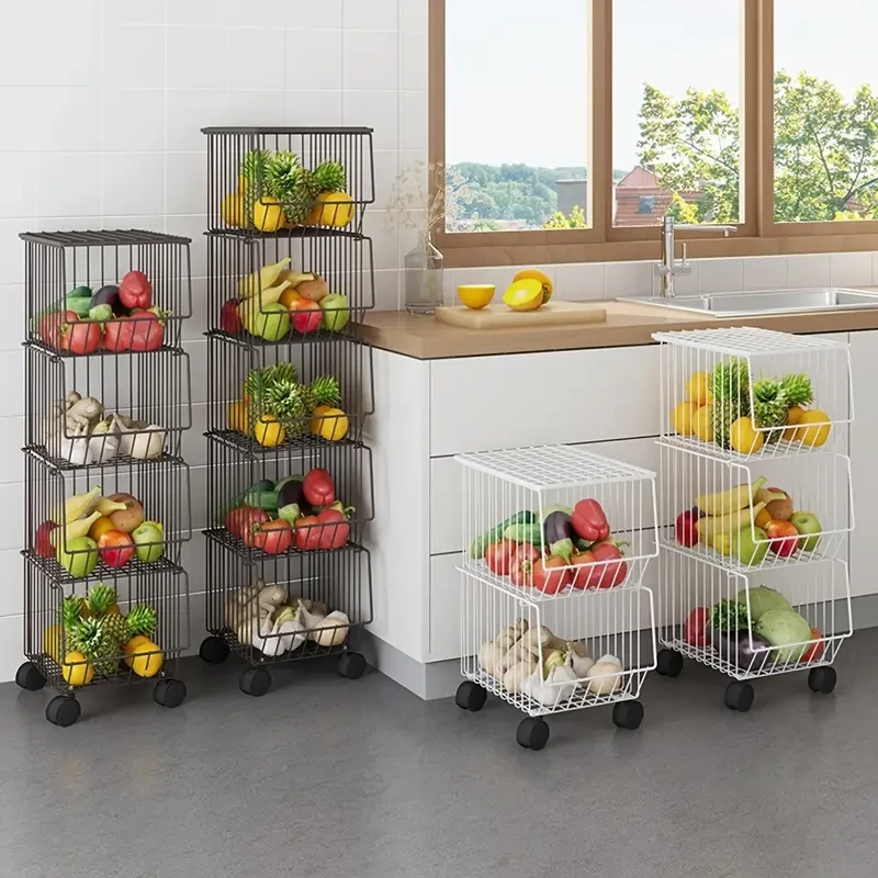1pc Classic Stackable Metal Wire Basket Storage Organizer with Wheels